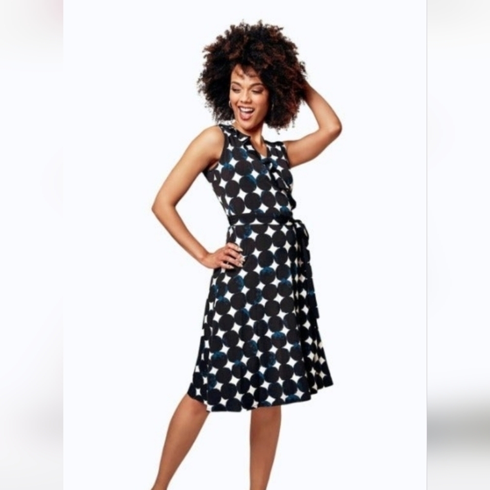 LEOTA Felicity Sleeveless Ruffle Perfect Wrap Midi Dress In Midnight Blue.M NWT